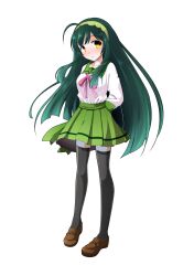 1girl ahoge arms_behind_back black_thighhighs blunt_bangs blunt_sidelocks blush brown_shoes commentary_request dairi full_body green_hair green_hairband green_sailor_collar green_skirt hairband highres large_variant_set loafers long_hair long_sleeves looking_at_viewer neck_ribbon parted_lips pea_pod pink_ribbon pleated_skirt ribbon sailor_collar shirt shoes sidelocks skirt solo standing tachi-e thighhighs touhoku_zunko transparent_background variant_set voiceroid white_shirt yellow_eyes zettai_ryouiki