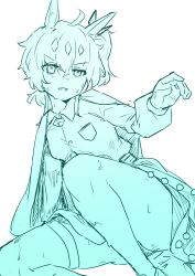 1girl absurdres animal_ears bell blue_eyes blue_hair bruise bruise_on_face cape clenched_teeth cyan_(horse_race_tests) feet_out_of_frame highres horse_ears horse_girl horse_race_tests injury knee_up limited_palette medium_hair monochrome neck_bell reaching remise shirt simple_background sitting solo sweat teeth thighhighs thighs white_background