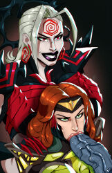 1boy 2girls assisted_fellatio black_lips breasts colored_skin corruption dark_persona earrings facial_mark fellatio ffm_threesome forehead_mark green_eyes grey_skin grin group_sex hela_(marvel) hela_(queen_in_black)_(marvel) highres hottsriracha huge_breasts jean_grey jewelry marvel marvel_rivals multiple_girls official_alternate_costume oral orange_hair penis possessed possession red_eyes smile symbiote threesome veins veiny_penis white_hair x-men