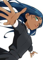1girl black_dress black_hair commentary_request dark-skinned_female dark_skin dress green_eyes gundam gundam_gquuuuuux hands_up highres lalah_sune long_hair white_background yy_shibata