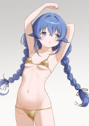 1girl :o armpits arms_up bikini blue_eyes blue_hair braid breasts collarbone commentary cowboy_shot crossed_bangs gluteal_fold gold_bikini hair_between_eyes hair_intakes highres long_braid long_hair looking_to_the_side micro_bikini mushoku_tensei navel rora_(user_vgpk4444) roxy_migurdia small_breasts solo stretching swimsuit twin_braids