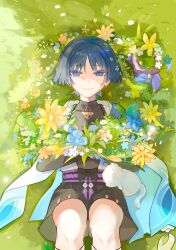1boy absurdres aranara_(genshin_impact) armor belt black_belt black_bodysuit black_bow black_bridal_gauntlets black_hair black_shorts blue_flower blue_pupils blunt_ends bodysuit bow bridal_gauntlets cat closed_mouth covered_collarbone creature dragon empty_eyes flower from_above furisode genshin_impact green_flower grey_eyes hakama hakama_shorts highres holding holding_flower japanese_armor japanese_clothes kimono kote kurokote looking_at_viewer lying male_focus mandarin_collar mini_durin_(dragon)_(genshin_impact) mini_durin_(genshin_impact) on_back on_grass open_clothes open_kimono orange_flower pleated_shorts purple_flower purple_rope purple_sash rope sash scaramouche_(genshin_impact) shorts shoulder_peek small_dragon smile solo straight-on suyi42478390 wanderer_(genshin_impact) white_cat white_flower white_kimono white_trim wispy_bangs yellow_flower