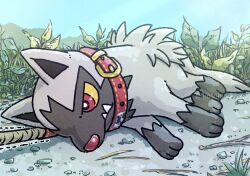 animal_focus clear_sky collar colored_sclera commentary_request day dog fangs fangs_out gen_3_pokemon grass kotobukkii_(yt_lvlv) leash lying nintendo no_humans on_side outdoors pokemon pokemon_(creature) poochyena red_collar red_eyes sky trembling watermark yellow_sclera