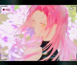 Rule 34 | 1girl, alien stage, battery indicator, chinese commentary, clematis (flower), commentary, flower, flower over mouth, highres, long hair, mizi (alien stage), one eye closed, pink hair, purple flower, recording, sleeveless, solo, viewfinder, yanxi, yellow eyes
