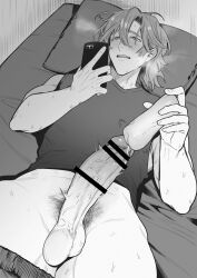Rule 34 | 1boy, absurdres, artificial vagina, bar censor, blush, breath, censored, clothes pull, commentary request, cum, erection, greyscale, hair between eyes, half-closed eyes, highres, large penis, looking at phone, lying, male focus, male pubic hair, masturbation day, monochrome, motion lines, muscular, muscular male, on back, on bed, open mouth, original, pants, pants pull, penis, penis focus, phone, pillow, pubic hair, sex toy, shirt, short hair, sleeveless, sleeveless shirt, sweat, teeth, teniya yoshiwaki, testicles, twitching penis, upper teeth only, veins, veiny penis