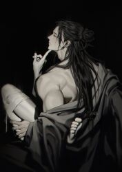 2boys barefoot bdsm black_background black_hair bondage bound ear_piercing expressionless feet getou_suguru gojou_satoru greyscale hair_bun hair_pulled_back highres jujutsu_kaisen leg_grab lisa_buijteweg long_hair male_focus monochrome multiple_boys pale_skin piercing simple_background suggestive_fluid undressing veins veiny_hands