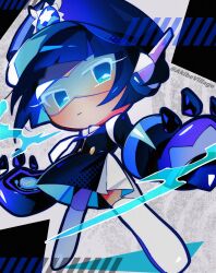 Rule 34 | 1girl, akibevillage, black dress, blue-tinted eyewear, blue eyes, blue hair, blue hat, blue necktie, blush, bob cut, boots, closed mouth, colored eyelashes, commentary request, cookie run, cookie run: tower of adventures, dress, from below, full body, gold buttons, grey background, halftone, hat, highres, legs apart, looking at viewer, marbleberry cookie, mechanical arms, necktie, no pupils, pleated dress, short hair, simple background, skirt, solo, standing, thigh boots, thighhighs, tinted eyewear, twitter username, white boots, white eyelashes, white skirt, zettai ryouiki