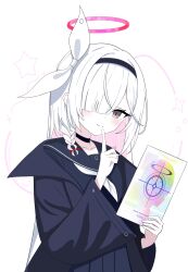1girl absurdres black_coat black_hairband black_sailor_collar black_shirt blue_archive blunt_bangs blush bow braid closed_mouth coat commentary eyelashes finger_to_mouth gacha_(game_mechanic) grey_eyes hair_bow hair_over_one_eye hairband halo hand_up hands_up highres holding holding_paper index_finger_raised long_bangs long_hair long_sleeves looking_at_viewer menglan_kio233 neckerchief one_eye_covered open_clothes open_coat paper plana_(blue_archive) red_halo red_pupils sailor_collar school_uniform serafuku shirt simple_background single_braid smile solo split_mouth star_(symbol) straight_hair tsurime upper_body very_long_hair white_background white_bow white_neckerchief wide_sleeves