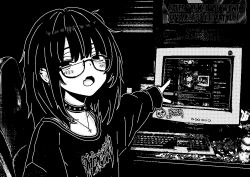 Rule 34 | 1girl, baggy clothes, blush, choker, computer, computer keyboard, fang, highres, jewelry, monitor, monochrome, necklace, open mouth, original, pointing, pointing at object, puriririririri, recursion, shirt, skin fang, solo, twitter