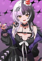 1girl belt black_belt black_choker black_coat black_dress black_hair black_nails breasts chest_belt choker cleavage coat commentary cross cross_earrings dress earrings english_commentary fingernails fur-trimmed_coat fur_trim grey_hair hair_ornament hana20000920 hand_up hat heart highres hololive hololive_english jewelry large_breasts long_fingernails long_hair long_sleeves looking_at_viewer multicolored_hair multiple_rings nail_polish off_shoulder open_clothes open_coat open_mouth party_hat ring second-party_source shiori_novella shiori_novella_(1st_costume) sleeveless sleeveless_dress smile solo split-color_hair two-tone_hair upper_body virtual_youtuber yellow_eyes yorick_(shiori_novella)
