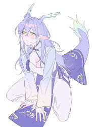 Rule 34 | 0820 lakia, 1girl, :&lt;, absurdres, antlers, between legs, braid, breasts, crying, dragon girl, dragon horns, dragon tail, eastern dragon horns, eastern dragon tail, frilled sleeves, frills, full body, green eyes, hand between legs, highres, horns, long hair, long sleeves, mandarin collar, medium breasts, original, pelvic curtain, pointy ears, purple hair, simple background, single braid, slit pupils, solo, tail, white background