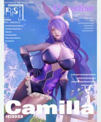 1girl animal_ears bare_shoulders blush breasts camilla_(fire_emblem) camilla_(spring_princess)_(fire_emblem) cleavage english_text fake_animal_ears fire_emblem fire_emblem_fates fire_emblem_heroes gloves hair_over_one_eye highres irisl large_breasts leotard long_hair looking_at_viewer nintendo official_alternate_costume pantyhose playboy_bunny purple_eyes purple_hair rabbit_ears solo very_long_hair wavy_hair