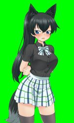 1girl animal_ears arms_behind_back bad_id bad_twitter_id black_hair black_shirt blouse bound bound_arms breasts green_background highres kanaya_azami large_breasts plaid_clothes shirt skirt socks thighhighs ukagaka zee_(zee_sub)