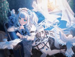 1girl alternate_eye_color back_bow bang_dream! bird blue_eyes blue_flower blue_hair blue_rose blue_theme blunt_bangs bow couch crinoline curtains flower frilled_hairband frills from_above garter_straps grey_nails hair_spread_out hairband high_heels indoors lace_trim layered_sleeves leaning_to_the_side lolita_fashion long_hair looking_at_viewer multicolored_hair nail_polish nyubara_reona official_art on_couch over-kneehighs parted_lips puffy_shorts puffy_sleeves rose see-through_clothes see-through_sleeves shorts thighhighs third-party_source two-tone_hair two_side_up very_long_hair wallpaper_(object) white_hair window