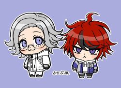 2boys :3 ahoge aotsuki_eito black_hair blue_eyes blush chibi chibi_only closed_mouth full_body glasses grey_hair hair_between_eyes hoodie jacket male_focus messy_hair multicolored_hair multiple_boys parted_hair purple_background purple_eyes red_hair standing streaked_hair sumino_takumi the_hundred_line_-last_defense_academy- white_hoodie white_jacket
