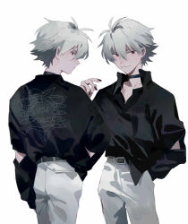 1boy absurdres alternate_costume belt black_choker black_nails choker collared_shirt cowboy_shot cropped_legs from_behind grey_hair hair_between_eyes highres male_focus mogutofuoes multiple_views nagisa_kaworu nail_polish neon_genesis_evangelion pants red_eyes shirt short_hair simple_background white_background white_pants