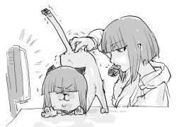 2girls :3 animal_ears artist_request cat cat_ears computer eating flexible food jack-o&#039;_challenge looking_to_the_side meme monochrome multiple_girls multiple_persona oboro_(taimanin_asagi) parody simple_background solo stretching table tail taimanin_(series) taimanin_asagi top-down_bottom-up trembling what white_background
