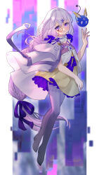 1girl :o absurdres arcaea bare_shoulders boots bow braid charon_(arcaea) collar dress full_body hair_between_eyes hair_ornament highres jacket lagrange_(arcaea) long_hair monocle murasaki_satori purple_boots purple_bow purple_eyes purple_hair shy sidelocks single_braid solo thigh_boots twintails white_jacket yellow_dress