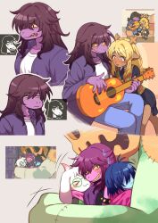 &gt;_&lt; 1other 2boys 2girls absurdres antlers averting_eyes blush colored_skin deer_girl deltarune freckles game_screenshot_inset group_hug guitar highres horns hug instrument jackenstein_(deltarune) kris_(dark_world)_(deltarune) kris_(deltarune) mitorizu_02 multiple_boys multiple_girls noelle_holiday purple_skin ralsei reference_inset reptile_girl sharp_teeth susie_(dark_world)_(deltarune) susie_(deltarune) teeth yuri