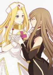 2girls bare_shoulders blonde_hair blue_eyes breasts brown_dress brown_hair brown_sleeves closed_mouth commentary_request cowboy_shot detached_sleeves dress gloves hat holding_hands in-franchise_crossover interlocked_fingers komegura large_breasts long_hair looking_at_another mint_adenade multiple_girls nurse_cap parted_bangs short_sleeves sidelocks simple_background sleeveless sleeveless_dress smile tales_of_(series) tales_of_phantasia tales_of_the_abyss tear_grants white_dress white_gloves