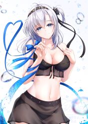 Rule 34 | 1girl, bikini, bikini skirt, black bikini, black headband, black sarong, blush, breasts, cleavage, clothes writing, collarbone, grey eyes, grey hair, hachimaki, hachiware (8ware63), hair between eyes, headband, highres, kantai collection, long hair, looking at viewer, medium breasts, one side up, sarong, see-through clothes, see-through skirt, skirt, smile, solo, suzutsuki (kancolle), suzutsuki (swimsuit) (kancolle), swimsuit, water, white background, white headband