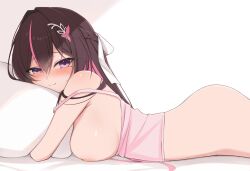 ass azki_(hololive) blush breasts brown_hair choumei_(qca012005) hair_ornament hairpin highres hololive large_breasts looking_at_viewer lying mole mole_under_eye on_stomach pink_hair smile virtual_youtuber white_background