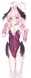 1girl alternate_costume bare_shoulders black_feathers blue_archive blue_halo blush breasts closed_mouth collarbone covered_navel detached_sleeves dot_nose embarrassed eyebrows_hidden_by_hair eyelashes feathered_wings feathers feet_out_of_frame female_focus fingernails halo hands_up head_wings highleg highleg_leotard koharu_(blue_archive) leotard loli long_hair looking_at_viewer low_wings matching_hair/eyes meemz_a nail_polish pink_eyes pink_hair pink_nails pink_sleeves purple_leotard scarf sleeves_past_wrists small_breasts socks solo standing strapless strapless_leotard thigh_strap twintails w_arms wavy_mouth white_scarf white_socks wings