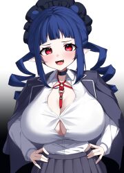 1girl absurdres black_choker black_hat black_jacket blue_hair breasts choker collared_shirt commission delinquent dizzy_dokuro fang grey_skirt hands_on_own_hips hat highres jacket jacket_on_shoulders long_hair nai_(cnoadi8) open_mouth phase_connect pleated_skirt red_eyes school_uniform second-party_source shibari shibari_under_clothes shirt sidelocks skeb_commission skirt solo virtual_youtuber white_shirt