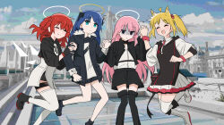 4girls ahoge animal_ears arknights black_boots black_dress black_gloves black_jacket black_skirt blonde_hair blue_eyes blue_hair bocchi_the_rock! boots breasts closed_eyes closed_mouth collared_dress cropped_jacket dress exusiai_(arknights) exusiai_the_new_covenant_(arknights) fingerless_gloves gloom_(expression) gloves goemjeong_jungdok_(black_addict) halo highres holding_another&#039;s_arm holding_hands horns jacket lemuen_(arknights) long_hair long_sleeves looking_at_viewer medium_breasts medium_hair mostima_(arknights) multiple_girls one_side_up open_clothes open_jacket open_mouth outdoors parody pink_hair red_hair scene_reference sidelocks skirt small_breasts smile solid_oval_eyes sora_(arknights) split_mouth standing standing_on_one_leg statue style_parody thigh_boots thigh_strap thighhighs three-quarter_sleeves twintails white_boots white_dress white_thighhighs wolf_ears wolf_girl