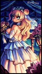 1girl back bare_shoulders blonde_hair bouquet breasts bridal_veil double_bun dress earrings elbow_gloves flower flower_hairband from_behind from_side galko gloves hair_bun hair_ornament halterneck highres jewelry large_breasts long_hair looking_at_viewer looking_back mogy64 oshiete!_galko-chan plant rose smile solo tiara turning_head veil wedding_dress window