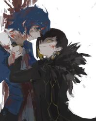 Rule 34 | 1boy, 1girl, asaichi, binah (project moon), black cape, black dress, black hair, blonde hair, blood, blood on wall, blue coat, blue hair, cape, chesed (project moon), coat, colored inner hair, dress, ear piercing, feather collar, hand up, hexagon print, highres, lobotomy corporation, long sleeves, medium hair, multicolored hair, parted lips, piercing, project moon, shirt, short hair, smile, strangling, white shirt, yellow eyes
