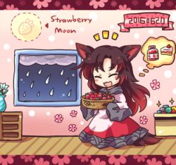1girl animal_ears brooch brown_hair cake closed_eyes dress female_focus food fruit imaizumi_kagerou jam jewelry long_hair lowres open_mouth pote_(ptkan) rain smile solo strawberry tail touhou wide_sleeves wolf_ears wolf_tail