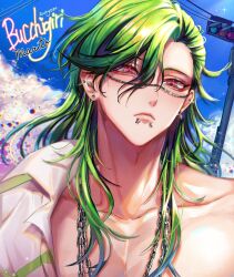1boy blue_sky bucchigiri?! chain chain_necklace copyright_name day earrings green_hair highres ivutyozo jewelry jin_marito long_hair looking_at_viewer necklace outdoors pink_eyes portrait sky snakebite_(piercing) solo