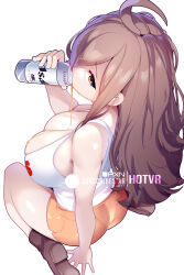 1girl ahoge alternate_costume artist_name bare_arms bare_shoulders boots breasts brown_boots brown_eyes brown_hair can commentary drinking employee_uniform english_commentary fluid_on_breasts from_above from_behind highres holding holding_can hooters hot_vr kono_subarashii_sekai_ni_shukufuku_wo! large_breasts long_hair looking_at_viewer looking_back orange_shorts pantylines pixiv_username print_tank_top short_shorts shorts simple_background sitting solo spill subscribestar_username tank_top white_background white_tank_top wiz_(konosuba)