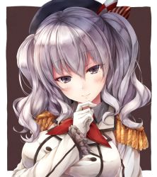10s 1girl blue_eyes blush breasts epaulettes female_focus finger_to_own_chin gloves hat kantai_collection kashima_(kancolle) large_breasts looking_at_viewer military military_uniform silver_hair smile solo suien twintails twitter_username upper_body wavy_hair white_gloves
