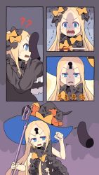 1girl ? ?? abigail_williams_(fate) alternate_costume annoyed bad_id bad_pixiv_id black_bow black_dress blush_stickers bow clenched_hand comic disembodied_penis dress facial_mark fate/grand_order fate_(series) forehead_mark frown garland_(decoration) hair_bow hands_in_opposite_sleeves hat hat_bow highres key keyhole litamisu open_mouth orange_bow penis penis_on_face scared silent_comic stuffed_animal stuffed_toy sweatdrop tears teddy_bear witch_hat