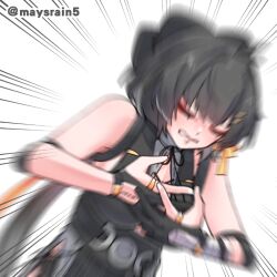 1girl bandaged_arm bandages bare_shoulders black_bow black_dress black_gloves blurry bow breasts clenched_teeth closed_eyes dress female_rover_(wuthering_waves) gloves hair_bow large_breasts partially_fingerless_gloves rover_(wuthering_waves) sleeveless sleeveless_dress solo starblame teeth twitter_username upper_body wuthering_waves