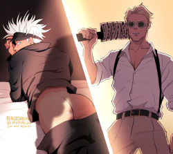 2boys anal bite_mark black_hair blindfold blindfold_lift blonde_hair blue_eyes clothes_lift clothes_pull gojou_satoru jujutsu_kaisen kento_nanami long_hair male_focus male_penetrated male_penetration multiple_boys muscular muscular_male nanami_kento pants pants_pull reallycorking shirt shirt_lift twunk white_hair white_shirt yaoi