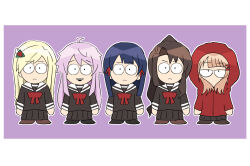 &gt;:( 5girls :d ahoge akikaze_rui black_shirt black_shoes black_skirt blonde_hair blue_hair blunt_bangs border brown_hair brown_shoes bullfalk chibi chibi_only closed_mouth commentary_request curtained_hair flower frown hair_flower hair_ornament jacket long_hair multiple_girls no_mouth open_mouth otonashi_ichie outline parody ponytail purple_background purple_hair red_flower red_jacket school_uniform serafuku shirt shoes shoujo_kageki_revue_starlight shoujo_kageki_revue_starlight_-re_live- sidelocks simple_background skirt smile south_park south_park_(style) style_parody tanaka_yuyuko tomoe_tamao v-shaped_eyebrows white_border white_outline yumeoji_fumi