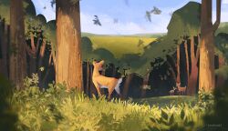 artist_name cloud commentary day deer english_commentary falling_leaves forest grass leaf nature no_humans original outdoors scenery signature sky tree zandra