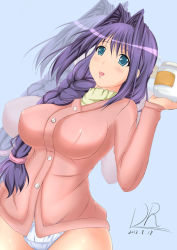 Rule 34 | 10s, 1girl, 2013, akiko jam, august, blue eyes, blush, braid, breasts, cardigan, dated, duhong, female focus, hair intakes, holding, holding jar, jam, jar, kanon, large breasts, long hair, long sleeves, mature female, minase akiko, navel, open mouth, panties, pink cardigan, purple hair, signature, simple background, single braid, smile, solo, sweater, turtleneck, underwear, white panties, yellow sweater