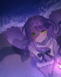1girl absurdres alternate_costume beach bird_shadow black_ribbon floating_hair from_above green_eyes highres holding holding_lantern hololive hood hoodie in_shadow lantern long_hair looking_up neck_ribbon night parted_lips purple_hair ribbon sailor_collar shadow shore shorts solo tokoyami_towa travel_3san virtual_youtuber white_shorts