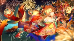 1girl absurdres bandages blonde_hair boat breasts chest_tattoo choker fireworks fish genshin_impact goldfish hair_between_eyes hair_ornament highres hoyofair japanese_clothes kimono long_hair looking_at_viewer one_eye_closed orange_kimono ponytail river sainome_(imveryfinethx) sarashi solo tattoo watercraft yellow_eyes yoimiya_(genshin_impact)