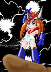 1girl arm_up armor armored_boots armored_gloves black_background blue_boots blue_gloves boots brown_eyes brown_hair cameltoe cliff crotch_seam electricity flat_chest gloves great_mazinger great_mazinger_(robot) headgear horns index_finger_raised long_hair manoyuya_(artist) mazinger_(series) mecha_musume nipples panties personification print_shirt red_armor shirt smile standing topless_female underwear white_panties