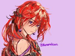 1girl bare_shoulders claire_bladeheart closed_mouth earrings jewelry konomidrawz long_hair looking_at_viewer pink_background purple_hair red_hair serious simple_background solo the_beginning_after_the_end very_long_hair