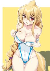 1girl blonde_hair blush breasts cleavage collarbone commentary_request covered_navel curly_hair fins fish_tail hair_between_eyes hair_ornament hairclip heterochromia highleg highleg_one-piece_swimsuit highres hpapo indie_virtual_youtuber kaofish large_breasts leaning_forward looking_at_viewer one-piece_swimsuit partially_undressed pulling_own_clothes red_eyes seductive_smile side_ponytail simple_background smile smug solo sweatdrop swimsuit tail thick_outlines thighs tight_clothes underboob yellow_background yellow_eyes