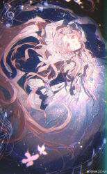 1girl absurdres anniversary bare_shoulders blue_background bug butterfly chinese_commentary colored_eyelashes commentary_request dot_nose dress expressionless feet_out_of_frame floating_hair flower from_above gloves gown hair_flower hair_ornament highres insect light_blush light_particles long_dress long_hair looking_at_viewer looking_up musical_note musical_staff nikki_(nikki) nikki_(series) parted_lips pink_butterfly pink_eyes pink_flower pink_hair pink_rose purple_gloves riko-m rose shining_nikki sidelocks solo treble_clef veil very_long_hair watermark weibo_watermark white_dress white_flower white_veil wrist_flower