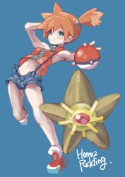 1girl armpits asymmetrical_hair blue_eyes blush breasts creatures_(company) denim denim_shorts game_freak gen_1_pokemon gym_leader hair_tie highres holding holding_poke_ball legs looking_at_viewer misty_(pokemon) navel nintendo open_mouth orange_hair poke_ball poke_ball_(generic) pokemon pokemon_rgby ponytail puddinghomhom red_shirt red_tank_top shirt short_hair short_shorts shorts side_ponytail small_breasts solo staryu suspenders tank_top