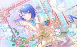 1girl blue_eyes blue_hair blurry bob_cut colorful_palette depth_of_field dress dutch_angle flower game_cg gloves glowing haikei_ano_koro_no_watashi_e_(project_sekai) highres kiritani_haruka looking_at_viewer official_alternate_costume official_art plant potted_plant project_sekai purple_flower solo third-party_source white_dress white_gloves