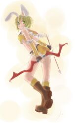 1girl alice_(afternoon_gleam) animal_ears arrow_(projectile) ass bad_source blonde_hair blush_stickers boots bow_(weapon) breasts brown_boots brown_gloves closed_mouth crop_top fake_animal_ears fingerless_gloves from_behind full_body fur-trimmed_gloves fur-trimmed_shirt fur-trimmed_shorts fur_trim gloves green_eyes holding holding_bow_(weapon) holding_weapon leaning_forward looking_at_viewer rabbit_ears ragnarok_online shirt short_hair shorts simple_background sleeveless sleeveless_shirt small_breasts smile sniper_(ragnarok_online) socks solo two-tone_gloves weapon white_background yellow_gloves yellow_shirt yellow_shorts yellow_socks